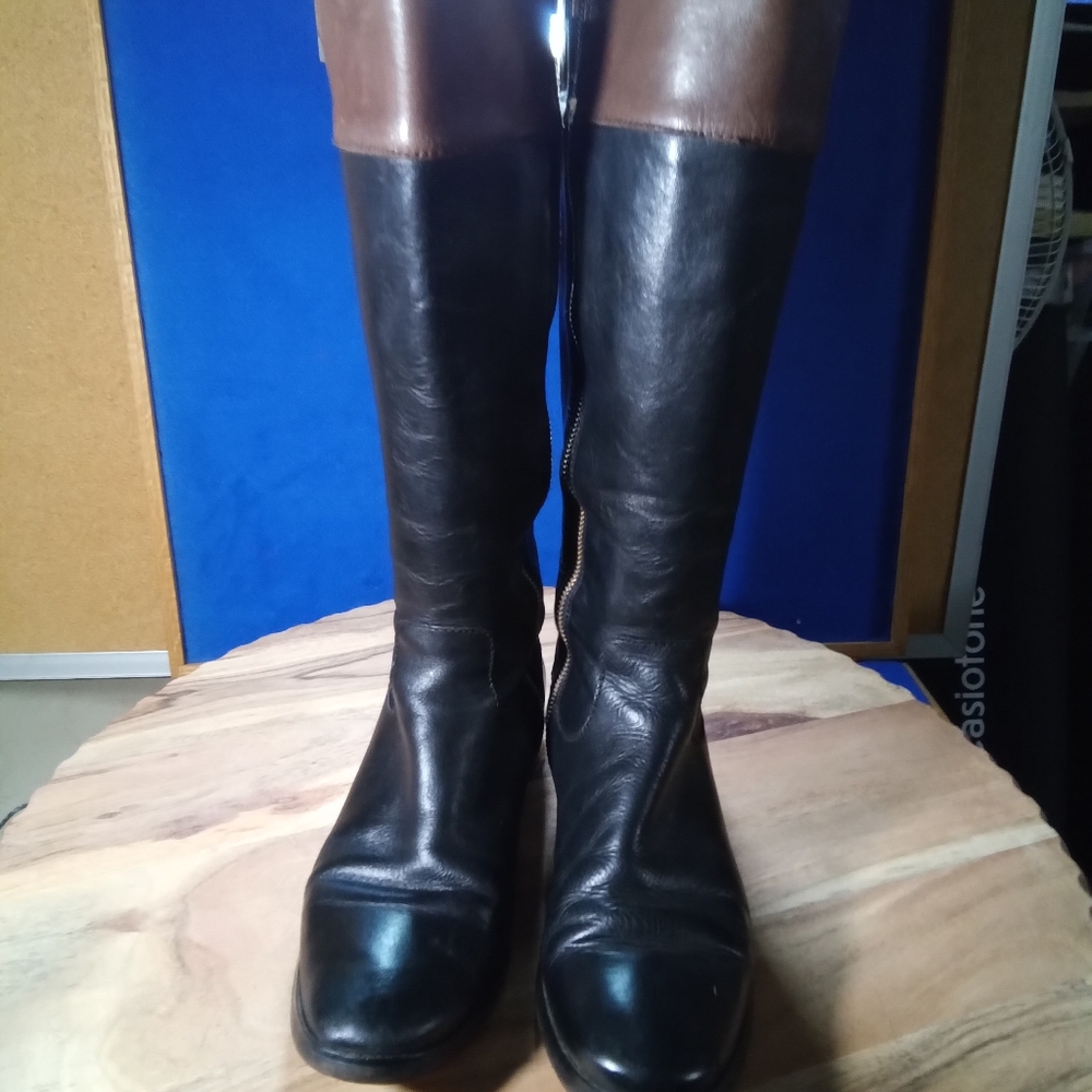 Michael Kors Black & Brown Leather Riding Boots w/ Gold Tone Hardware Sz. 7.5-US